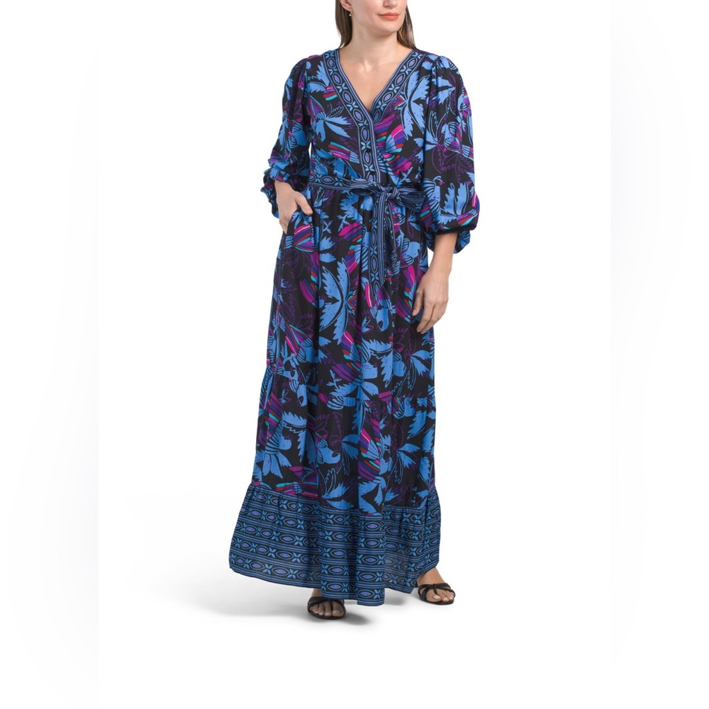 CELINA MOON Long Sleeve Floral Maxi Dress Color Vibrant Blue and Purple Size S